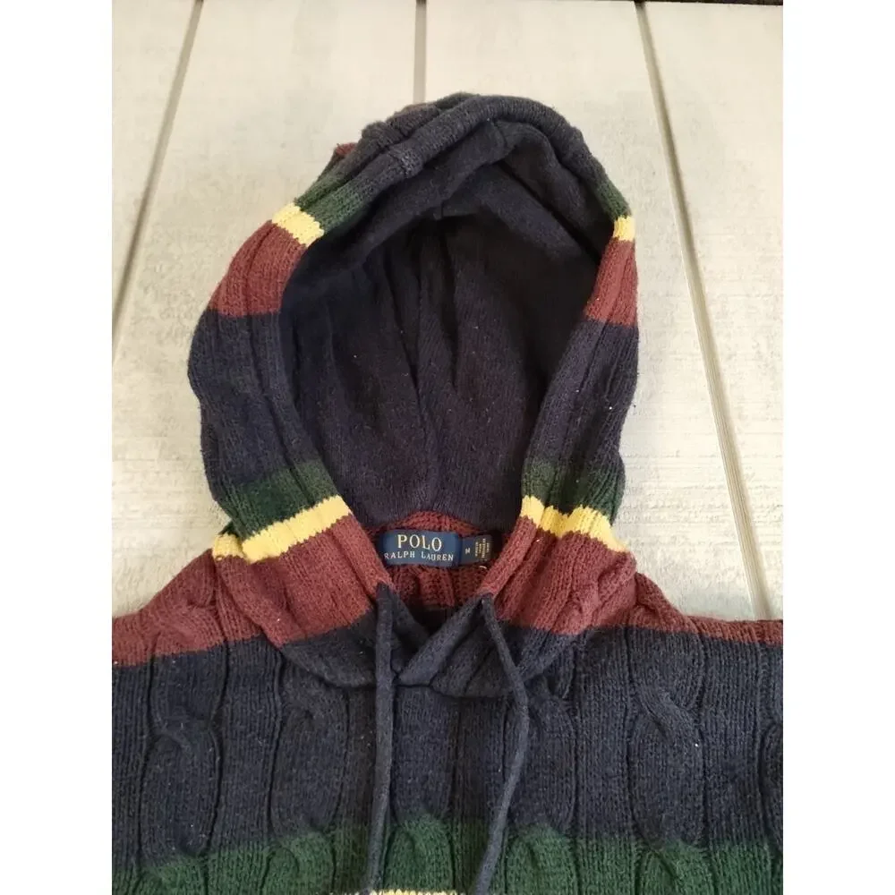 Polo Ralph Lauren St Andrews Rugby Cable Knit Hoodie Striped Sweater Men Size M